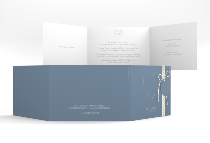 Hochzeitseinladung Lebenstraum A6 Doppel-Klappkarte blau rosegold