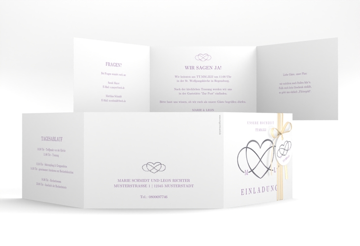 Hochzeitseinladung Infinity A6 Doppel-Klappkarte lila silber