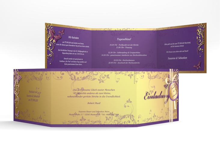 Hochzeitseinladung Toulouse A6 Doppel-Klappkarte lila rosegold