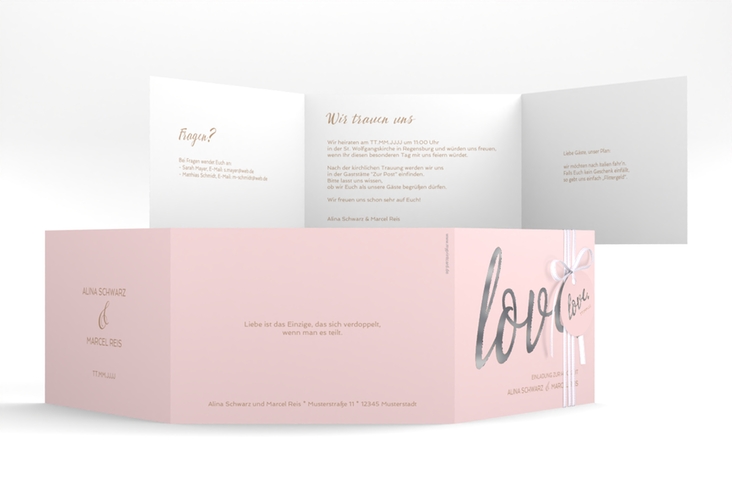 Hochzeitseinladung Glam A6 Doppel-Klappkarte rosa silber