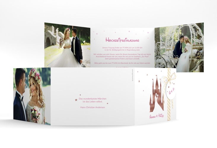 Hochzeitseinladung Castle A6 Doppel-Klappkarte rosa rosegold