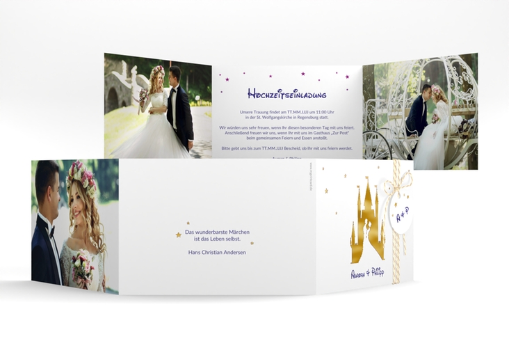 Hochzeitseinladung Castle A6 Doppel-Klappkarte lila gold
