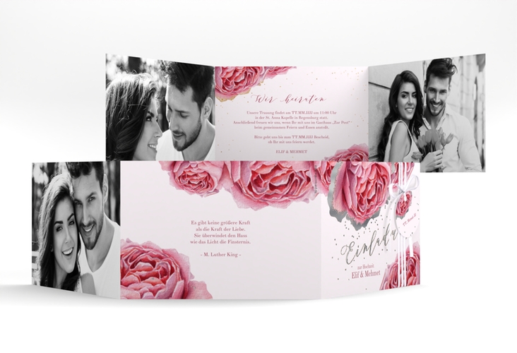Hochzeitseinladung Cherie A6 Doppel-Klappkarte rosa silber