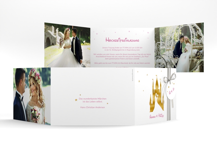 Hochzeitseinladung Castle A6 Doppel-Klappkarte rosa gold