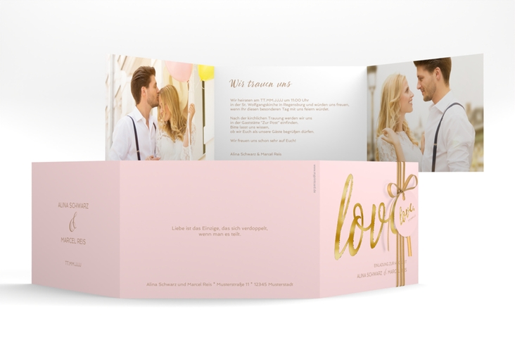 Hochzeitseinladung Glam A6 Doppel-Klappkarte rosa gold
