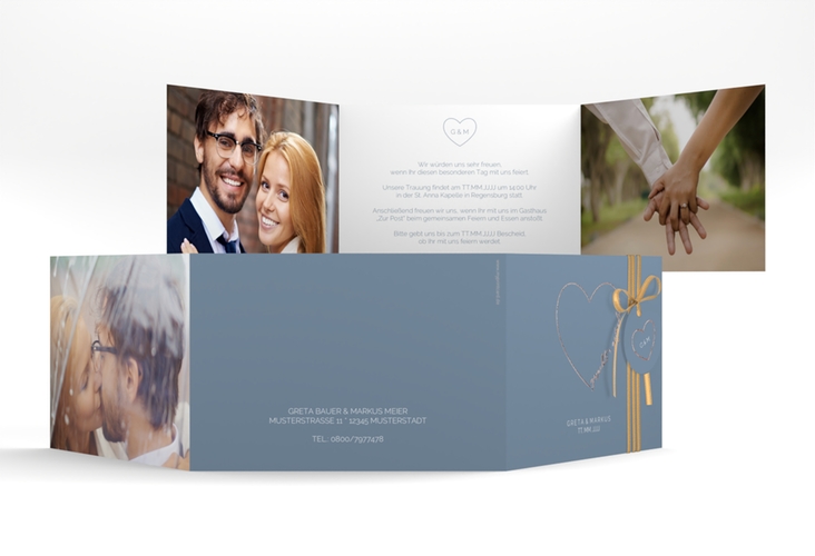 Hochzeitseinladung Lebenstraum A6 Doppel-Klappkarte blau rosegold