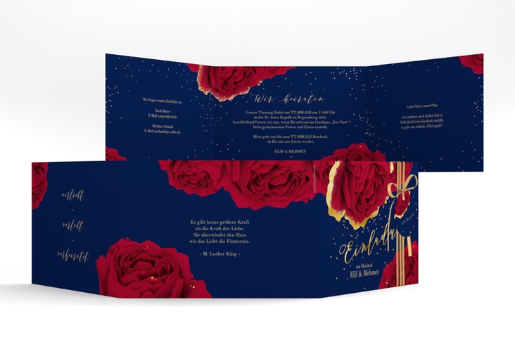 Hochzeitseinladung Cherie A6 Doppel-Klappkarte blau gold