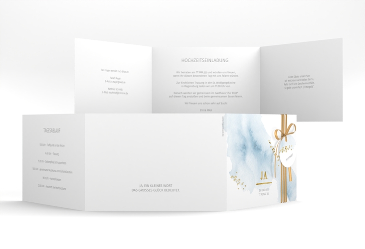 Hochzeitseinladung Pastell A6 Doppel-Klappkarte blau gold