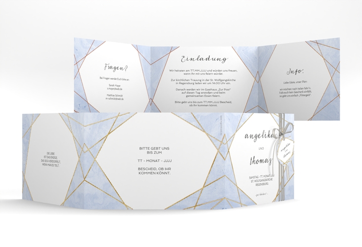 Hochzeitseinladung Asymmetry A6 Doppel-Klappkarte blau gold