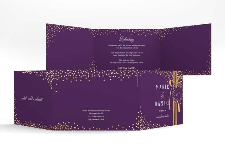 Hochzeitseinladung Glitter A6 Doppel-Klappkarte lila gold