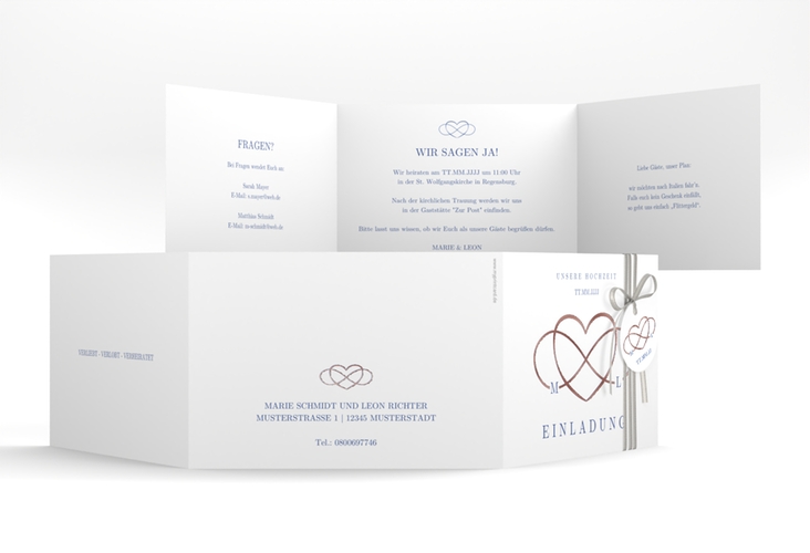 Hochzeitseinladung Infinity A6 Doppel-Klappkarte blau rosegold
