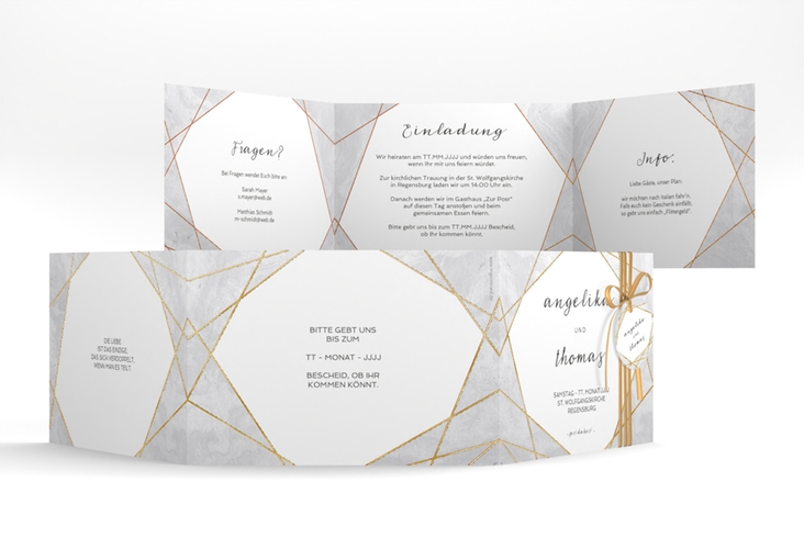 Hochzeitseinladung Asymmetry A6 Doppel-Klappkarte grau gold