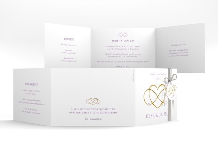 Hochzeitseinladung Infinity A6 Doppel-Klappkarte lila gold