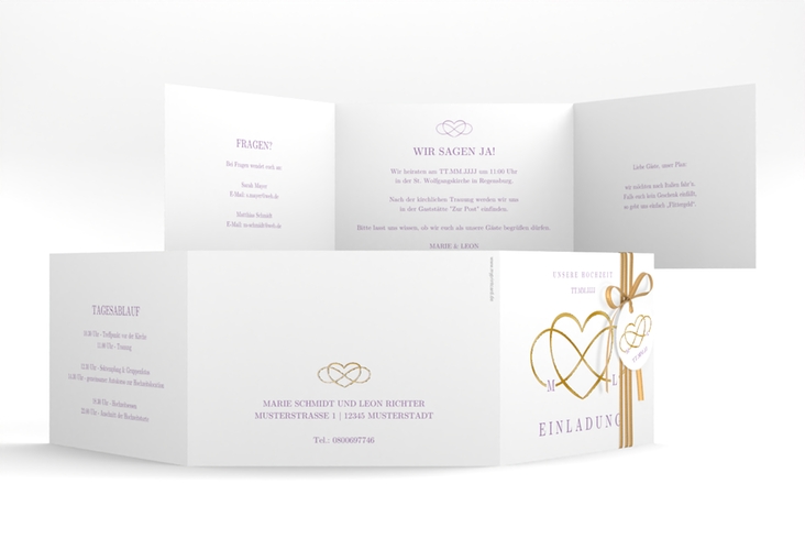 Hochzeitseinladung Infinity A6 Doppel-Klappkarte lila gold