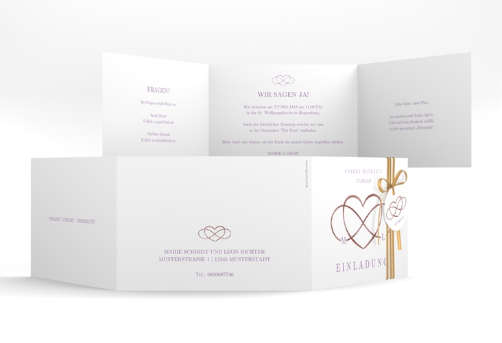 Hochzeitseinladung Infinity A6 Doppel-Klappkarte lila rosegold