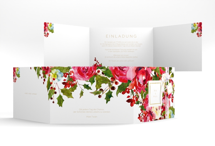 Hochzeitseinladung Blumenpracht A6 Doppel-Klappkarte weiss gold