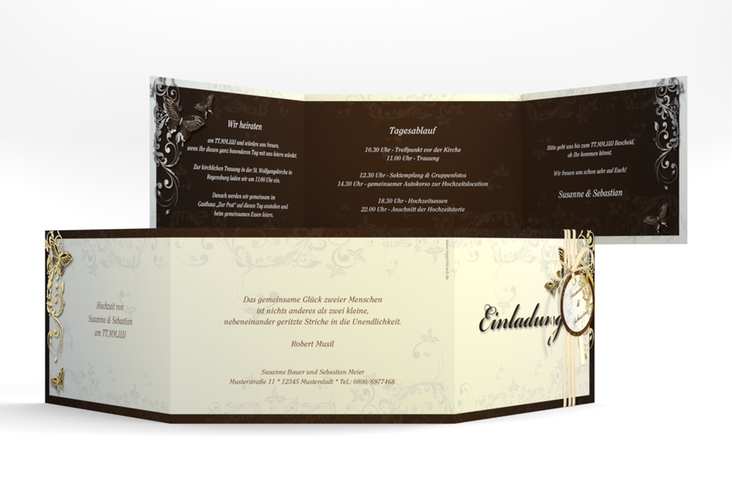 Hochzeitseinladung Toulouse A6 Doppel-Klappkarte braun gold