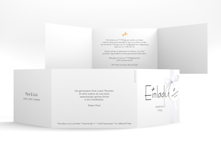 Hochzeitseinladung Twohearts A6 Doppel-Klappkarte beige silber