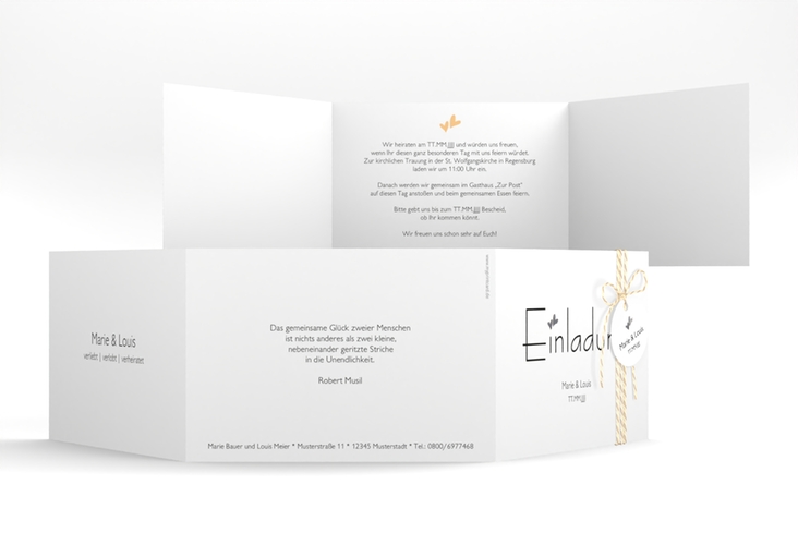 Hochzeitseinladung Twohearts A6 Doppel-Klappkarte beige silber