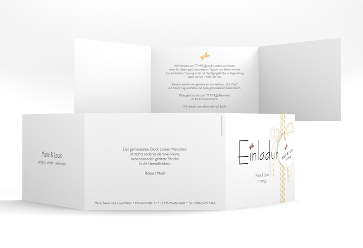 Hochzeitseinladung Twohearts A6 Doppel-Klappkarte beige rosegold