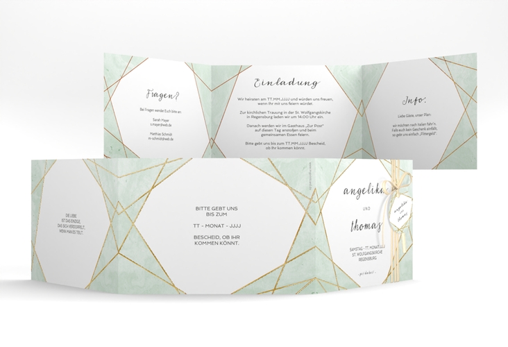 Hochzeitseinladung Asymmetry A6 Doppel-Klappkarte gruen gold