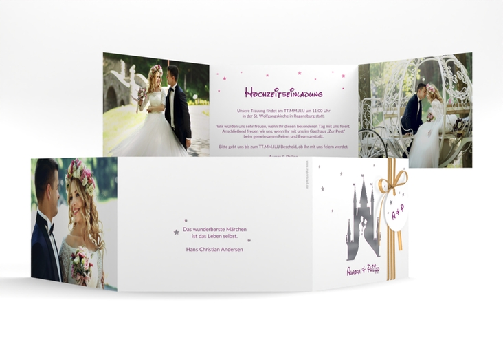 Hochzeitseinladung Castle A6 Doppel-Klappkarte pink silber
