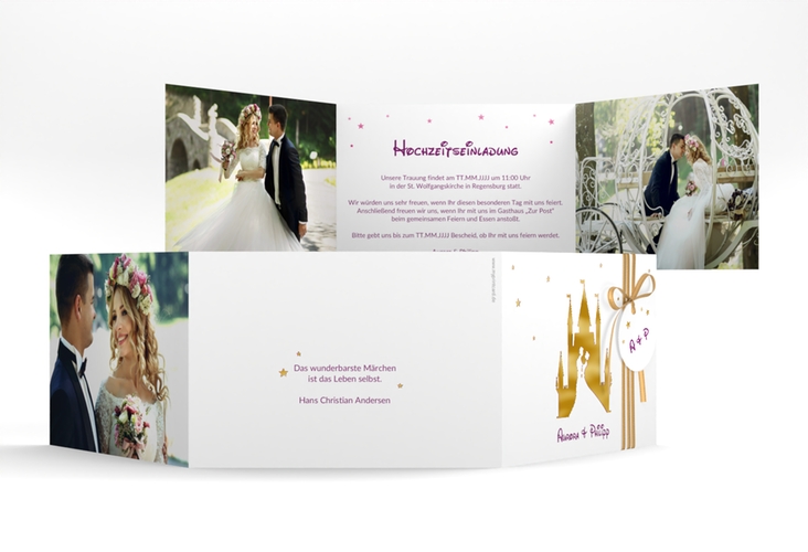 Hochzeitseinladung Castle A6 Doppel-Klappkarte pink gold