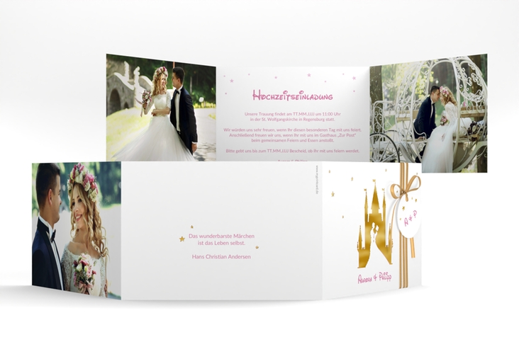 Hochzeitseinladung Castle A6 Doppel-Klappkarte rosa gold