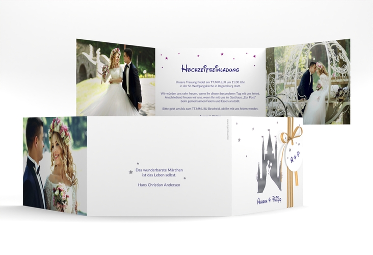 Hochzeitseinladung Castle A6 Doppel-Klappkarte lila silber