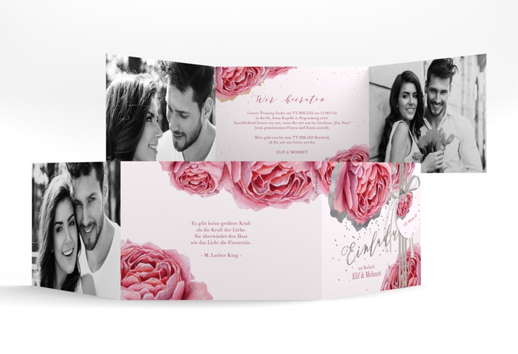 Hochzeitseinladung Cherie A6 Doppel-Klappkarte rosa silber
