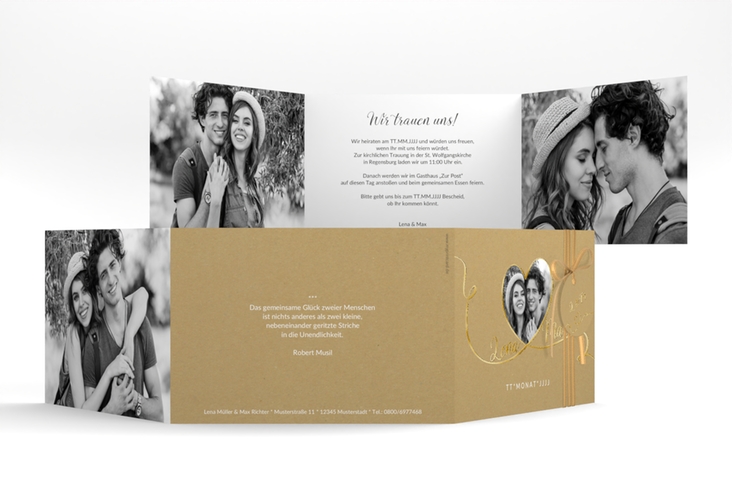 Hochzeitseinladung Herzensbund A6 Doppel-Klappkarte weiss gold