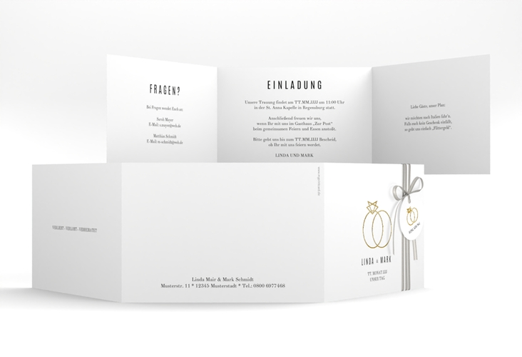 Hochzeitseinladung Rings A6 Doppel-Klappkarte weiss gold