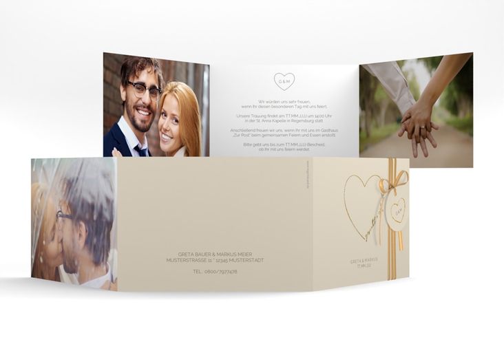 Hochzeitseinladung Lebenstraum A6 Doppel-Klappkarte beige gold