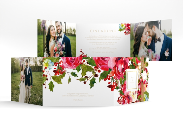 Hochzeitseinladung Blumenpracht A6 Doppel-Klappkarte weiss gold