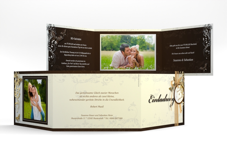 Hochzeitseinladung Toulouse A6 Doppel-Klappkarte braun gold