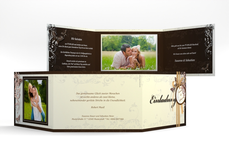 Hochzeitseinladung Toulouse A6 Doppel-Klappkarte braun rosegold