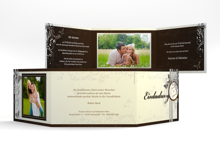 Hochzeitseinladung Toulouse A6 Doppel-Klappkarte braun silber