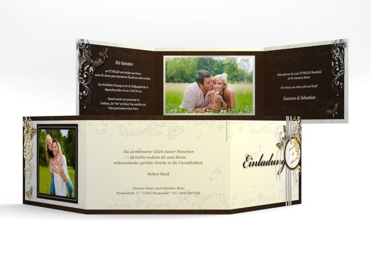 Hochzeitseinladung Toulouse A6 Doppel-Klappkarte braun gold