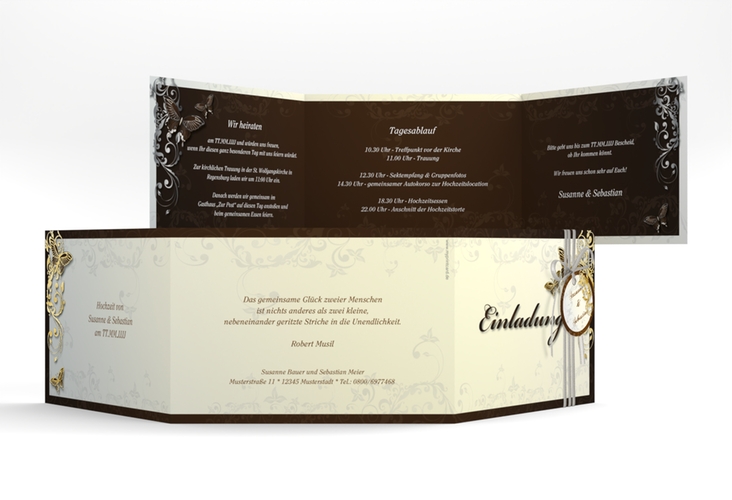 Hochzeitseinladung Toulouse A6 Doppel-Klappkarte braun gold