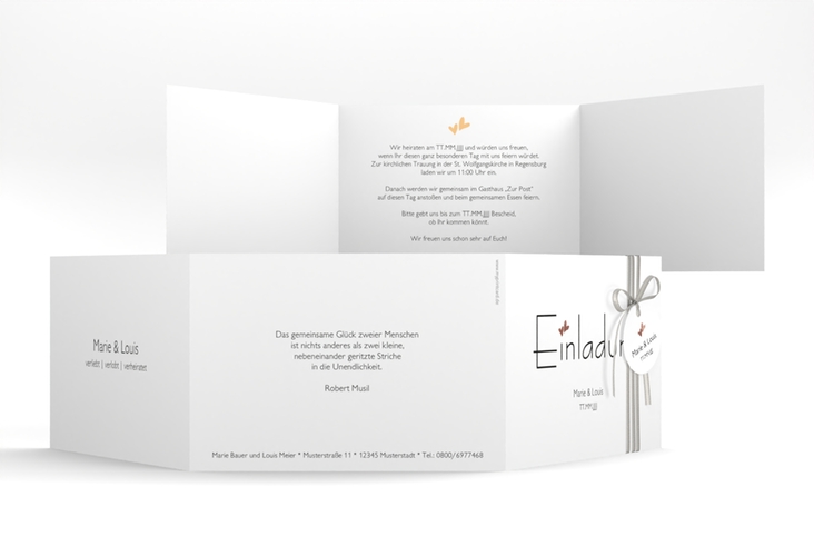 Hochzeitseinladung Twohearts A6 Doppel-Klappkarte beige rosegold