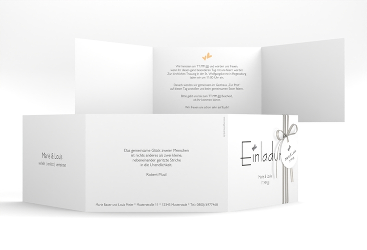 Hochzeitseinladung Twohearts A6 Doppel-Klappkarte beige silber