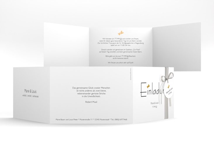 Hochzeitseinladung Twohearts A6 Doppel-Klappkarte beige gold
