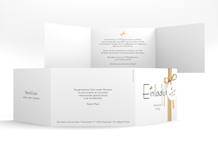 Hochzeitseinladung Twohearts A6 Doppel-Klappkarte beige gold