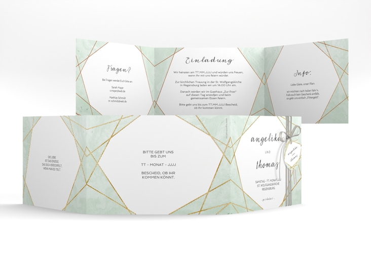 Hochzeitseinladung Asymmetry A6 Doppel-Klappkarte gruen gold