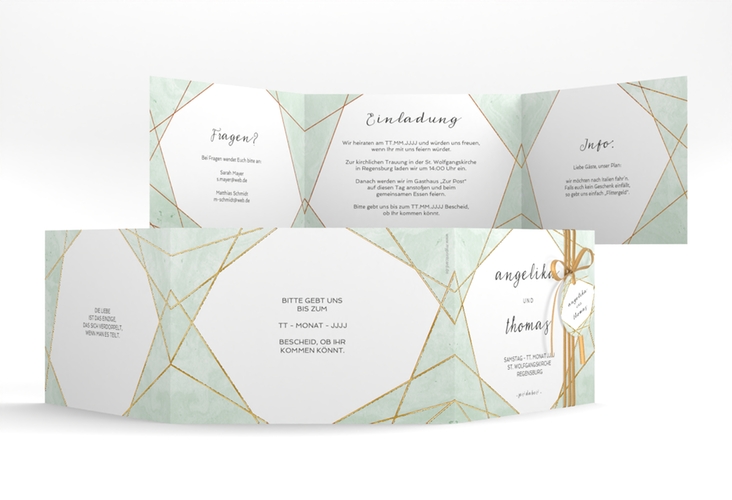 Hochzeitseinladung Asymmetry A6 Doppel-Klappkarte gruen gold