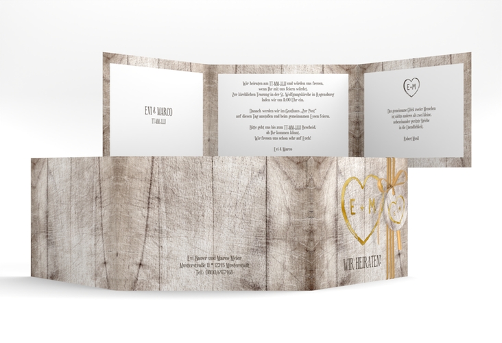 Hochzeitseinladung Wood A6 Doppel-Klappkarte weiss gold