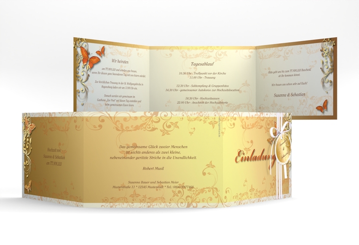 Hochzeitseinladung Toulouse A6 Doppel-Klappkarte orange gold