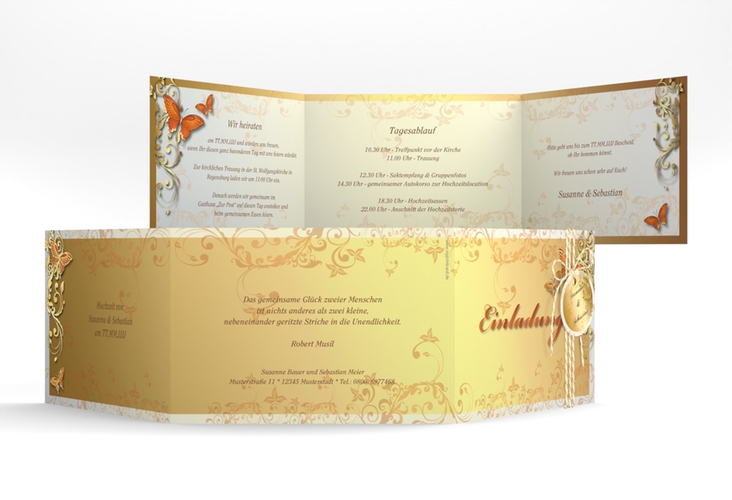 Hochzeitseinladung Toulouse A6 Doppel-Klappkarte orange gold