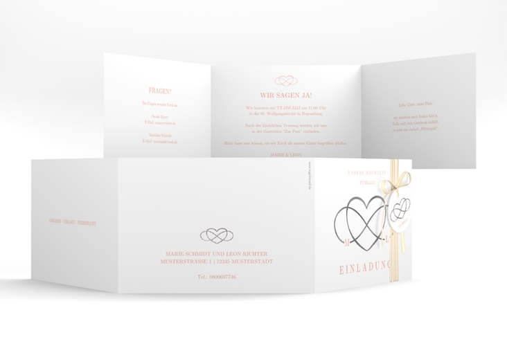 Hochzeitseinladung Infinity A6 Doppel-Klappkarte apricot silber