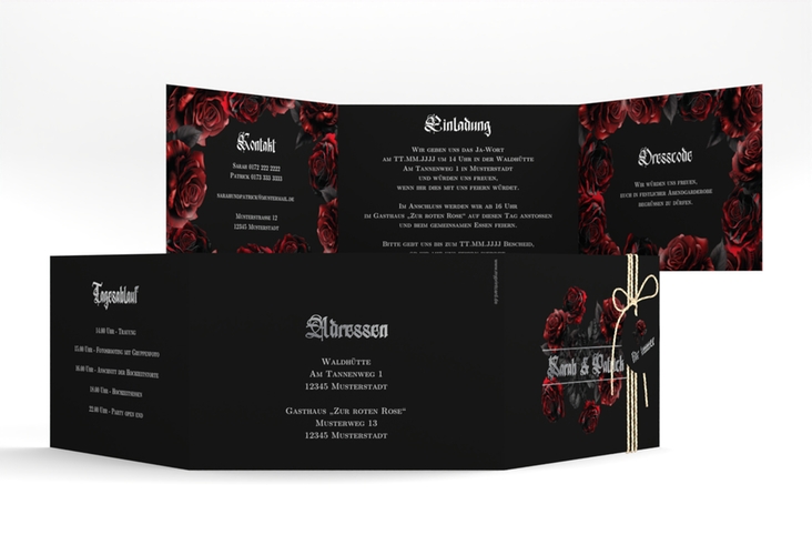 Hochzeitseinladung Gothic Rose A6 Doppel-Klappkarte schwarz silber